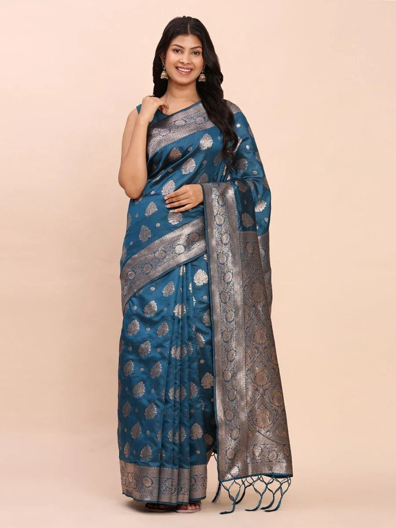 Teal Blue Banarasi silk Saree With Blouse Piece - EZBER