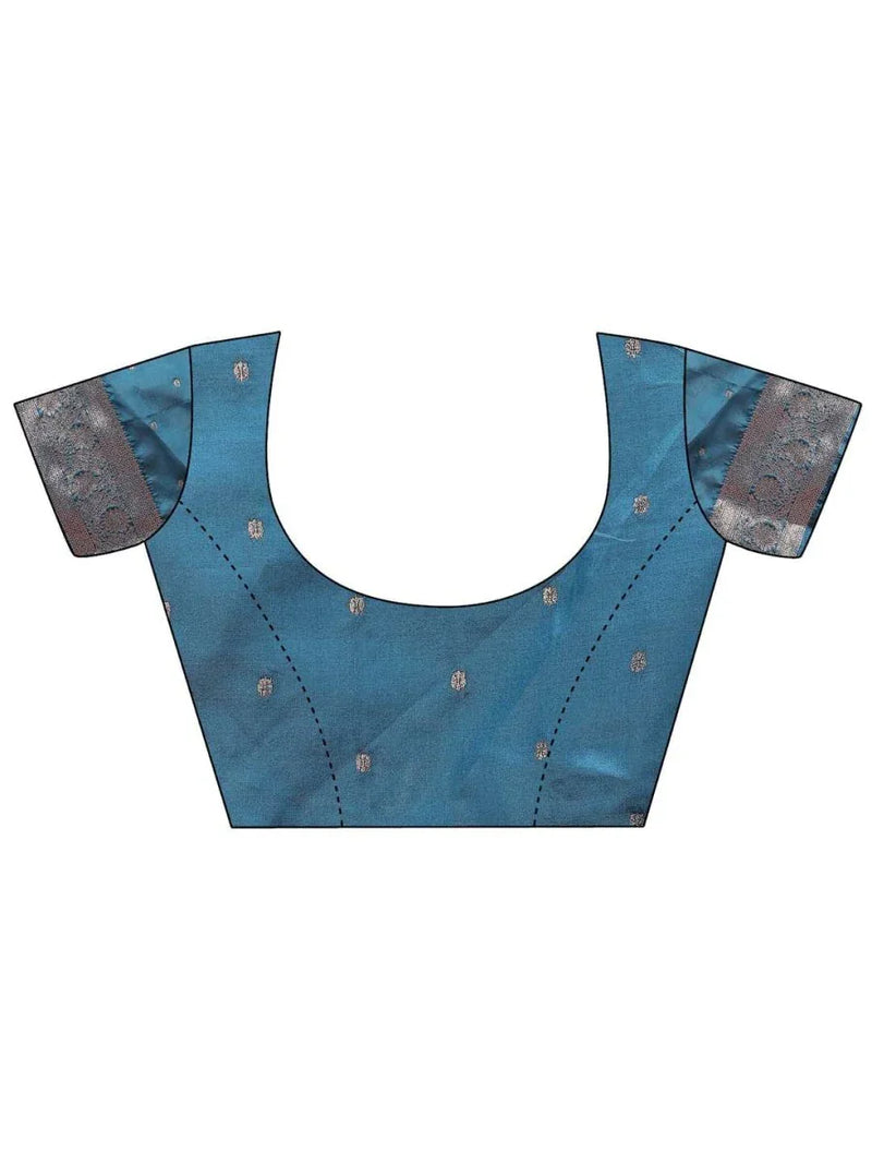 Teal Blue Banarasi Silk Saree With Blouse Piece - EZBER