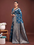 Teal Blue Banarasi Silk Saree With Blouse Piece - EZBER