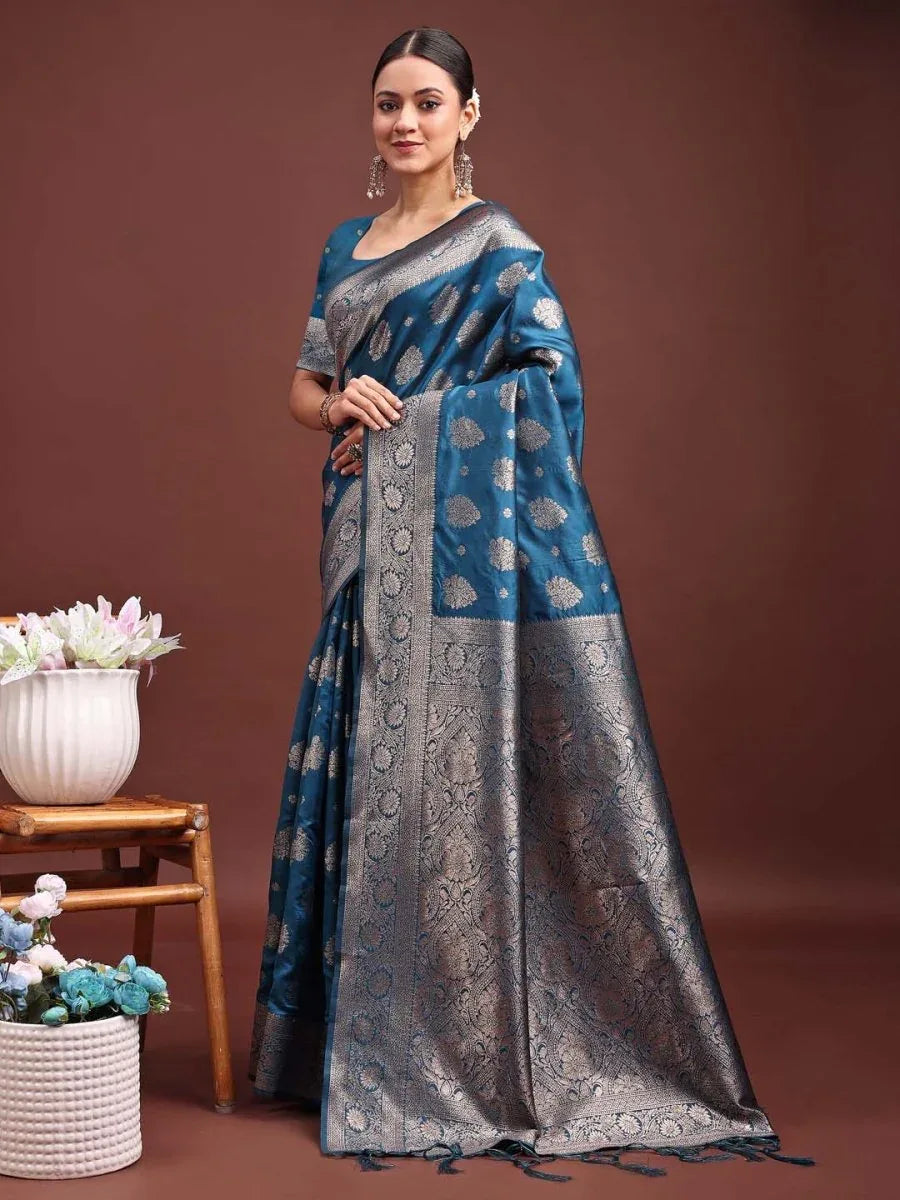Teal Blue Banarasi Silk Saree With Blouse Piece - EZBER