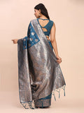 Teal Blue Banarasi silk Saree With Blouse Piece - EZBER