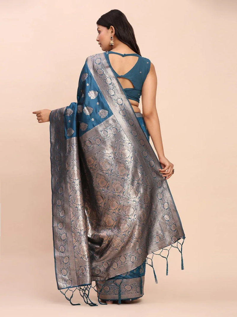 Teal Blue Banarasi silk Saree With Blouse Piece - EZBER