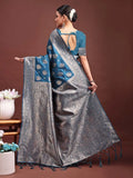 Teal Blue Banarasi Silk Saree With Blouse Piece - EZBER