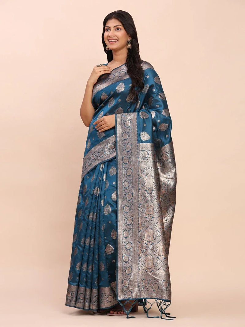 Teal Blue Banarasi silk Saree With Blouse Piece - EZBER