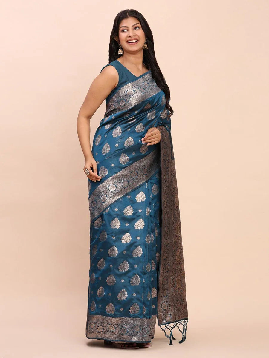 Teal Blue Banarasi silk Saree With Blouse Piece - EZBER