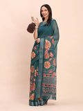 Teal Blue COTTON CRUSH Linen Cotton Saree with Blouse Piece - EZBER