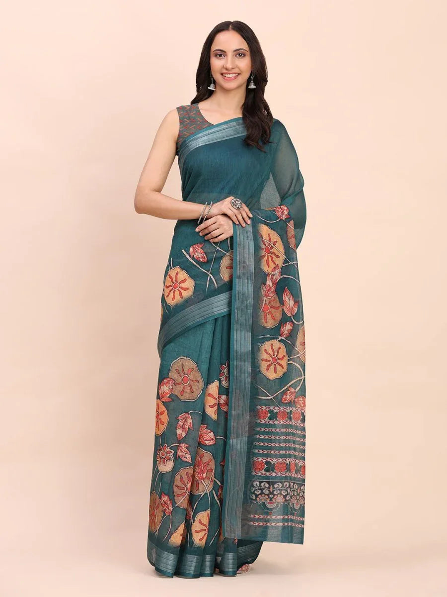 Teal Blue COTTON CRUSH Linen Cotton Saree with Blouse Piece - EZBER