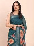 Teal Blue COTTON CRUSH Linen Cotton Saree with Blouse Piece - EZBER