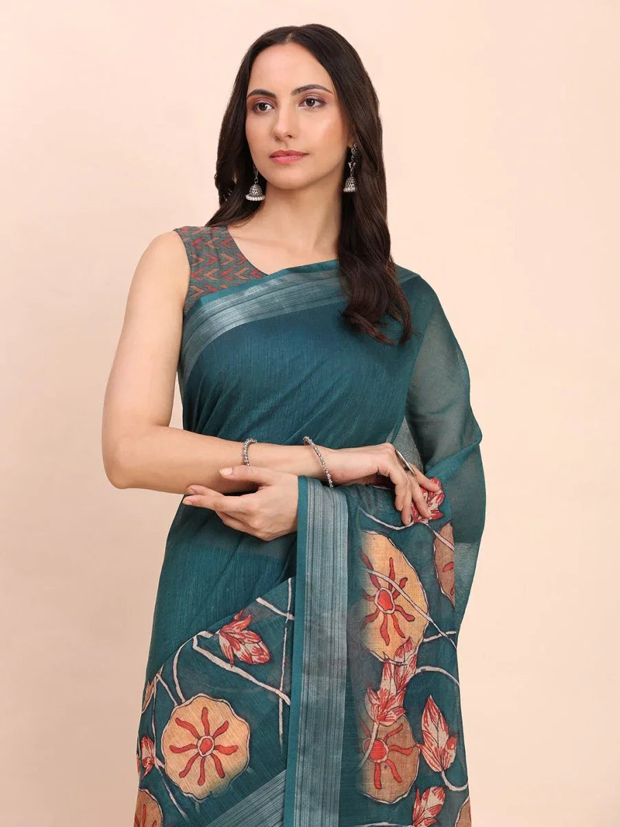 Teal Blue COTTON CRUSH Linen Cotton Saree with Blouse Piece - EZBER