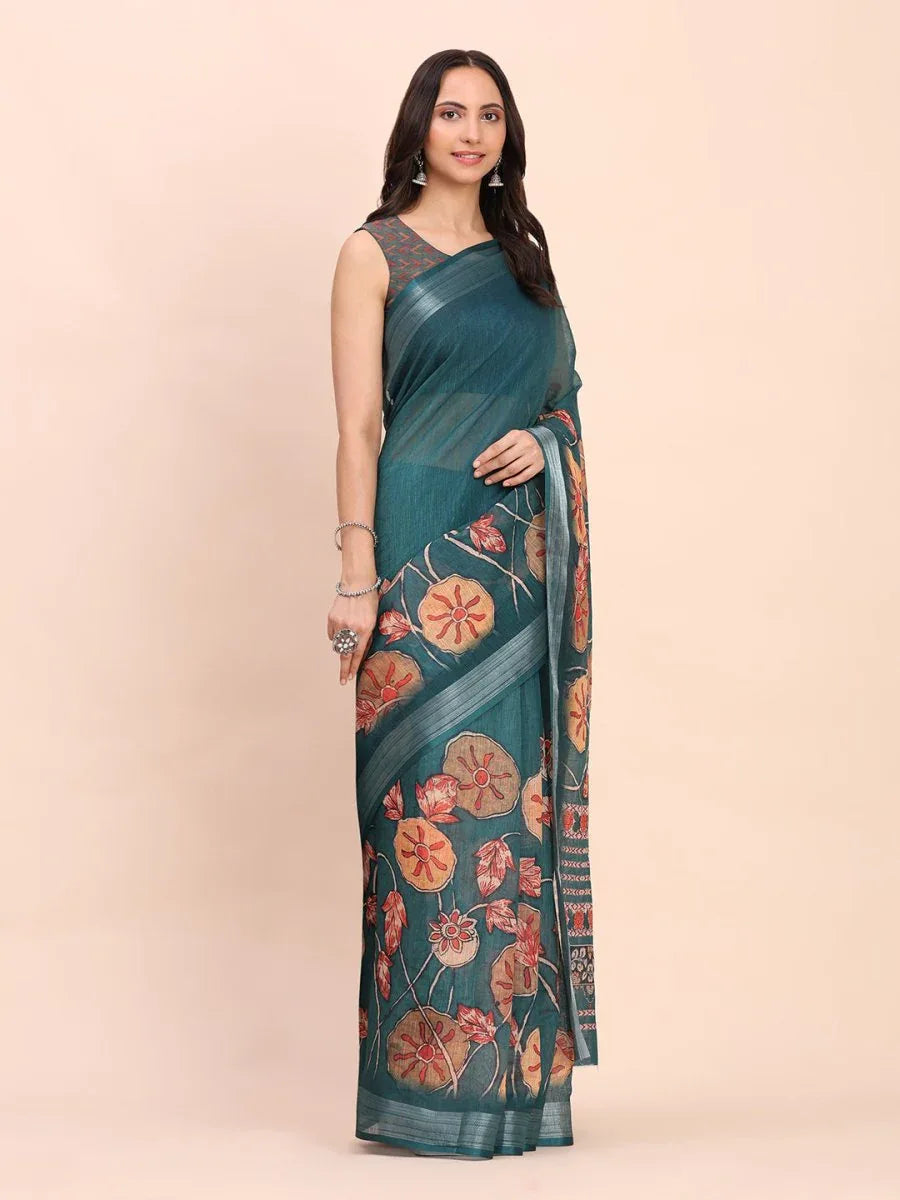Teal Blue COTTON CRUSH Linen Cotton Saree with Blouse Piece - EZBER