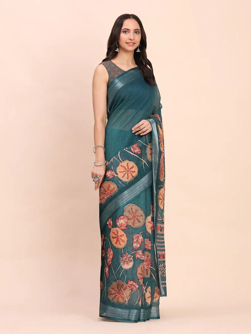 Teal Blue COTTON CRUSH Linen Cotton Saree with Blouse Piece - EZBER