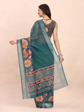 Teal Blue COTTON CRUSH Linen Cotton Saree with Blouse Piece - EZBER