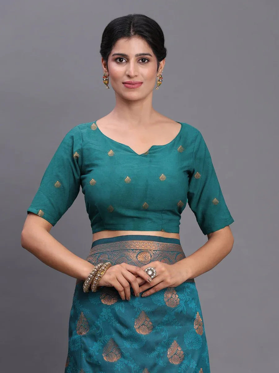 Teal Blue Silk Saree With Blouse Piece - EZBER