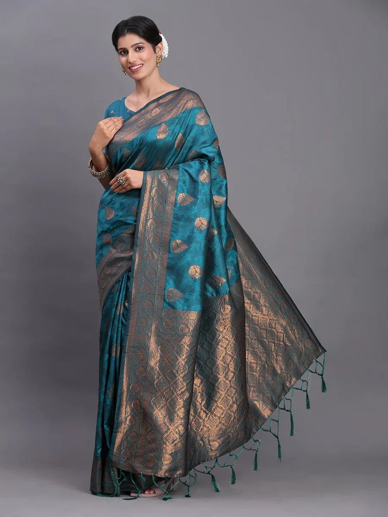 Teal Blue Silk Saree With Blouse Piece - EZBER