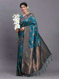 Teal Blue Silk Saree With Blouse Piece - EZBER