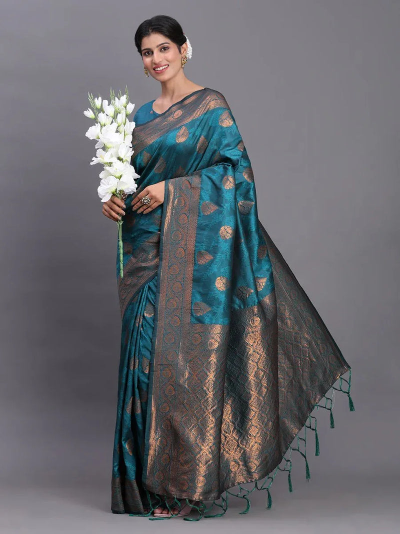 Teal Blue Silk Saree With Blouse Piece - EZBER