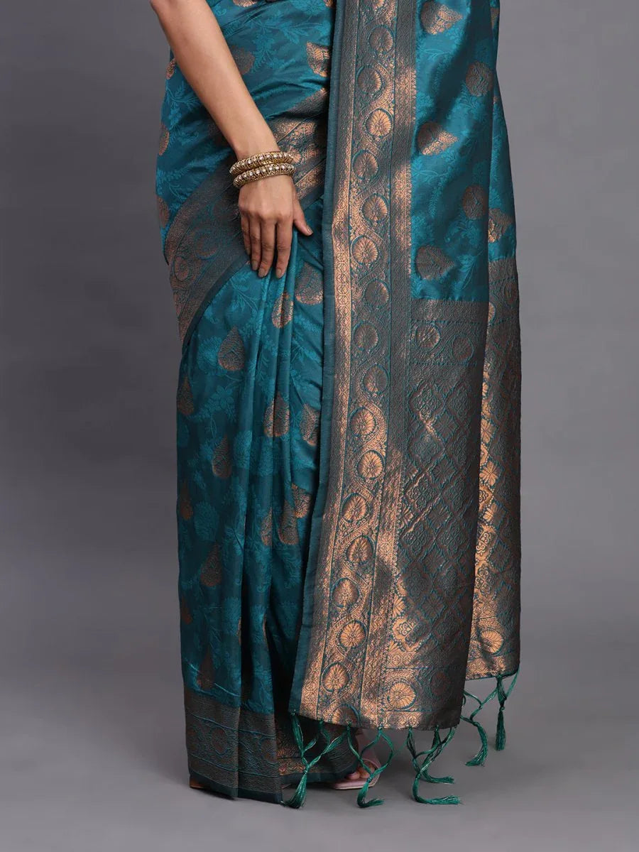 Teal Blue Silk Saree With Blouse Piece - EZBER