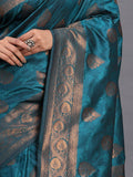 Teal Blue Silk Saree With Blouse Piece - EZBER