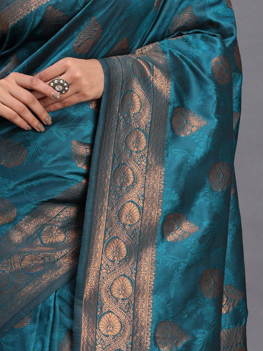 Teal Blue Silk Saree With Blouse Piece - EZBER