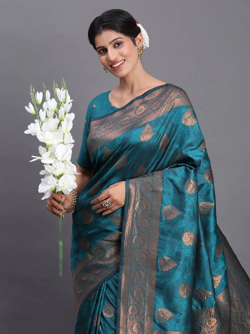 Teal Blue Silk Saree With Blouse Piece - EZBER