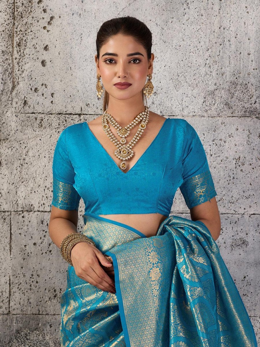 Teal Kanjivaram Silk Blend Brocade Saree | EZB SI04 SUPRS1003 - EZBER