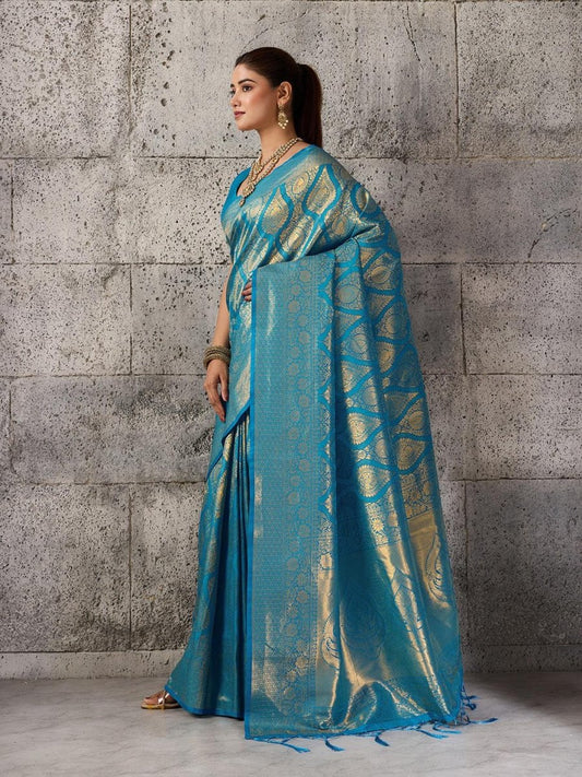 Teal Kanjivaram Silk Blend Brocade Saree | EZB SI04 SUPRS1003 - EZBER