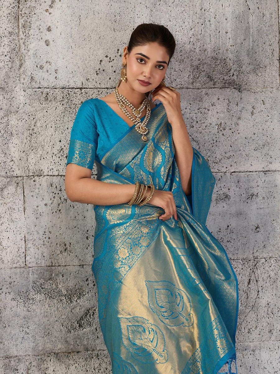 Teal Kanjivaram Silk Blend Brocade Saree | EZB SI04 SUPRS1003 - EZBER