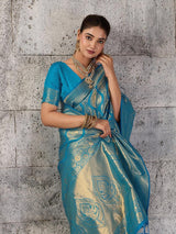 Teal Kanjivaram Silk Blend Brocade Saree | EZB SI04 SUPRS1003