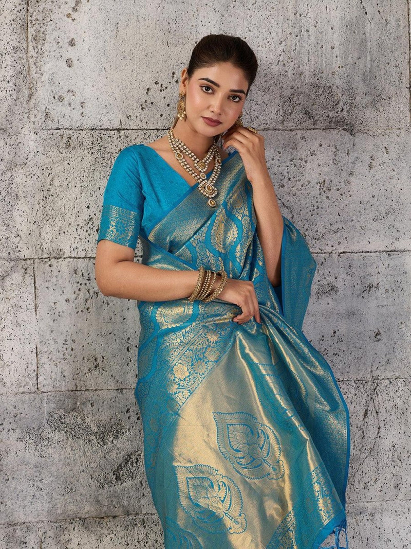 Teal Kanjivaram Silk Blend Brocade Saree | EZB SI04 SUPRS1003 - EZBER