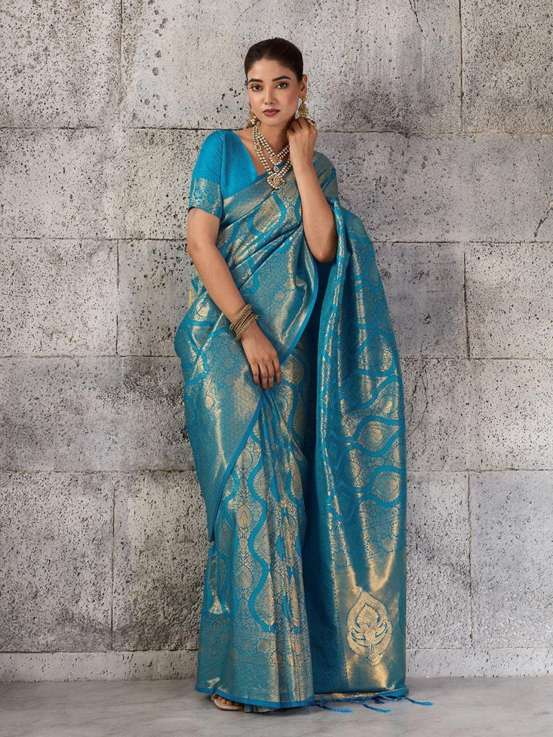 Teal Kanjivaram Silk Blend Brocade Saree | EZB SI04 SUPRS1003 - EZBER