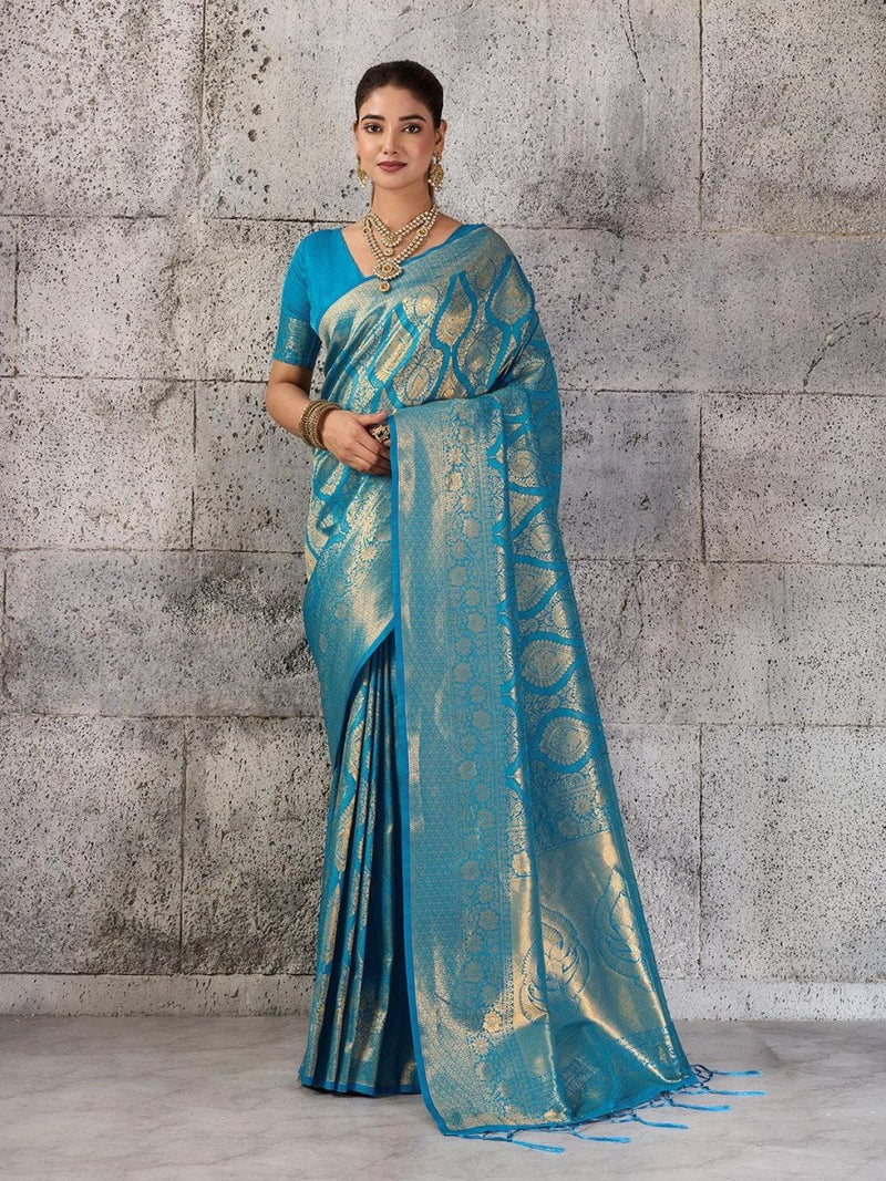Teal Kanjivaram Silk Blend Brocade Saree | EZB SI04 SUPRS1003 - EZBER
