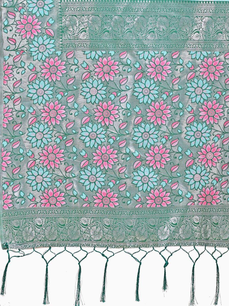 Teal Lichi Silk Saree With Blouse Piece - EZBER