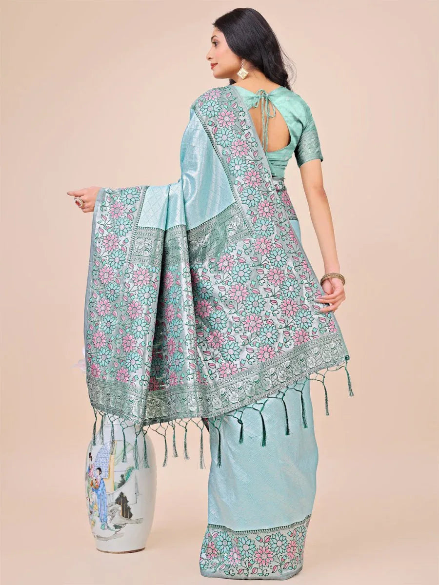 Teal Lichi Silk Saree With Blouse Piece - EZBER