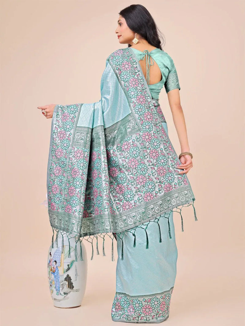 Teal Lichi Silk Saree With Blouse Piece - EZBER