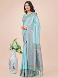 Teal Lichi Silk Saree With Blouse Piece - EZBER