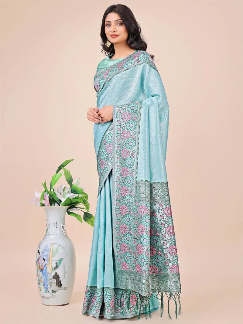 Teal Lichi Silk Saree With Blouse Piece - EZBER