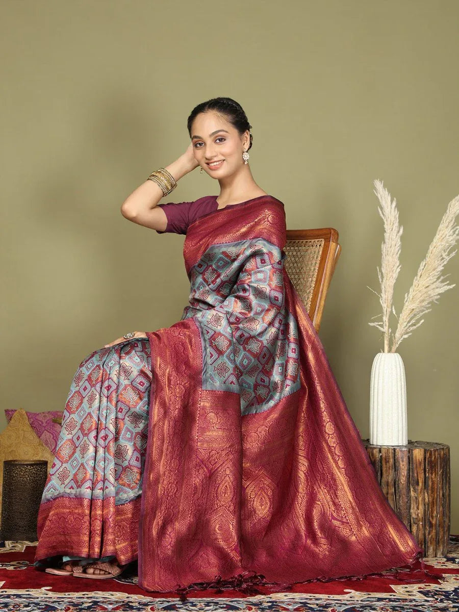 Teal Lichi Silk Saree With Blouse Piece - EZBER