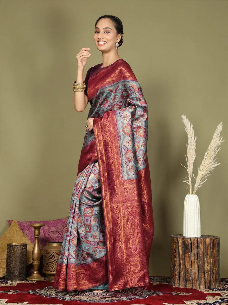 Teal Lichi Silk Saree With Blouse Piece - EZBER