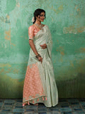 Teal Linen Cotton Contrast Pallu Saree | EZB SI04 SUBLO1004