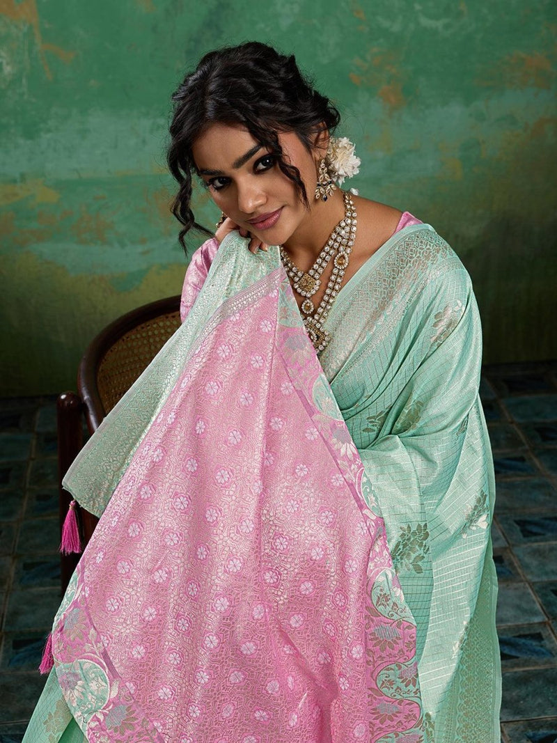 Teal Linen Cotton Contrast Pallu Saree | EZB SI04 SUBLO1006 - EZBER