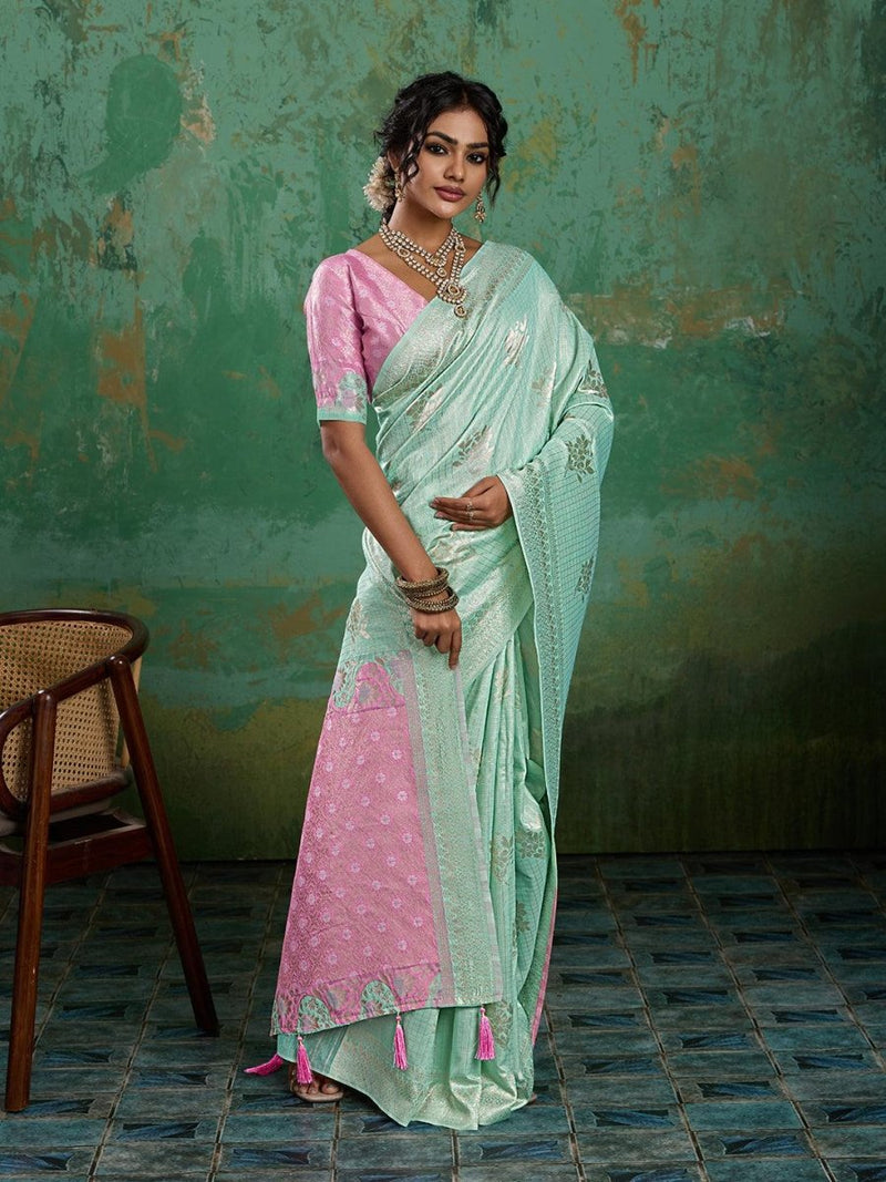 Teal Linen Cotton Contrast Pallu Saree | EZB SI04 SUBLO1006 - EZBER
