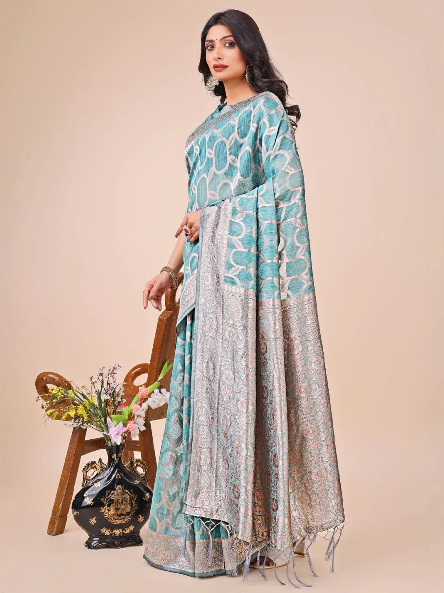 Teal Linen Cotton Saree With Blouse Piece - EZBER