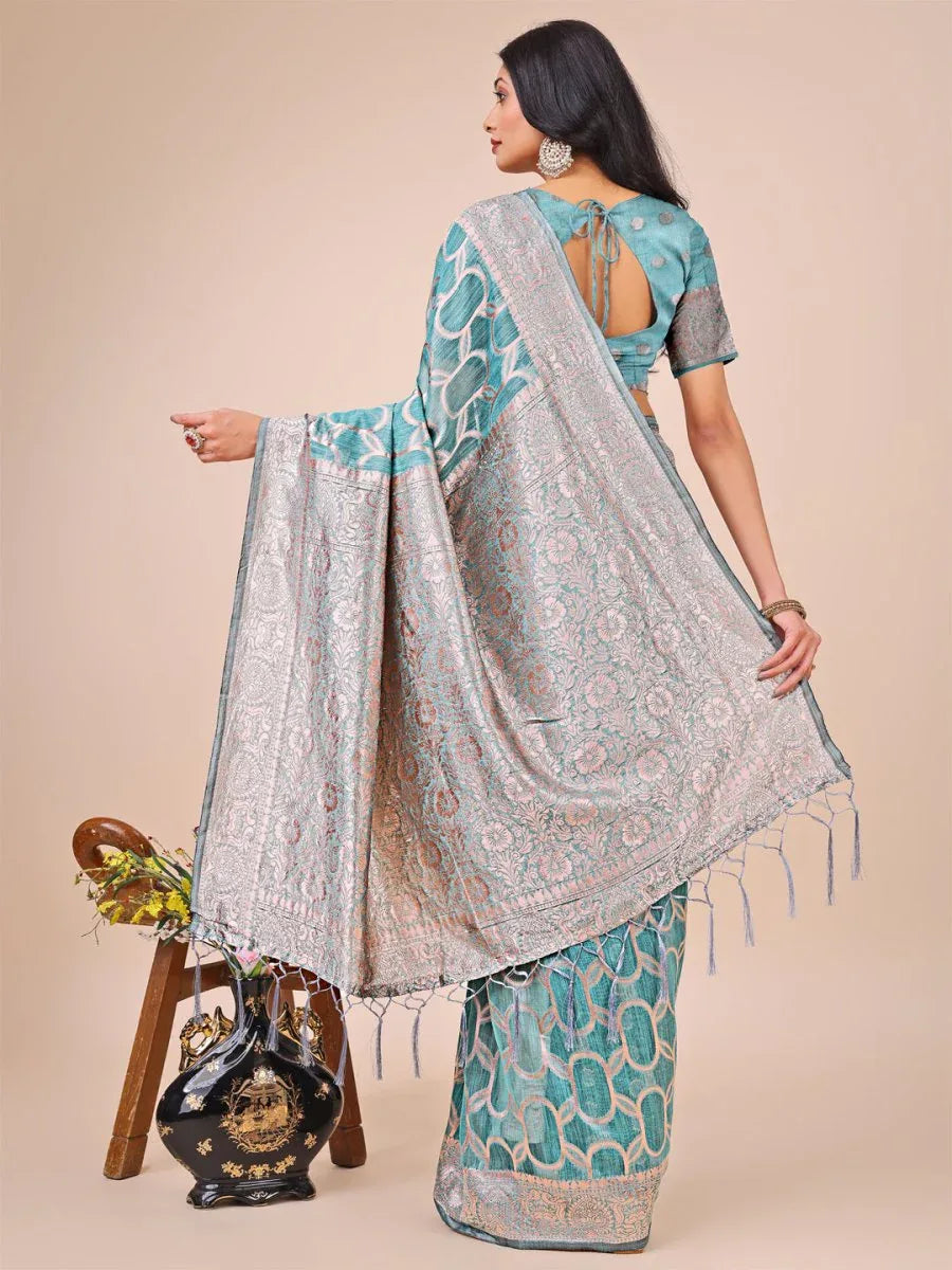 Teal Linen Cotton Saree With Blouse Piece - EZBER