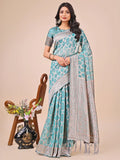 Teal Linen Cotton Saree With Blouse Piece - EZBER
