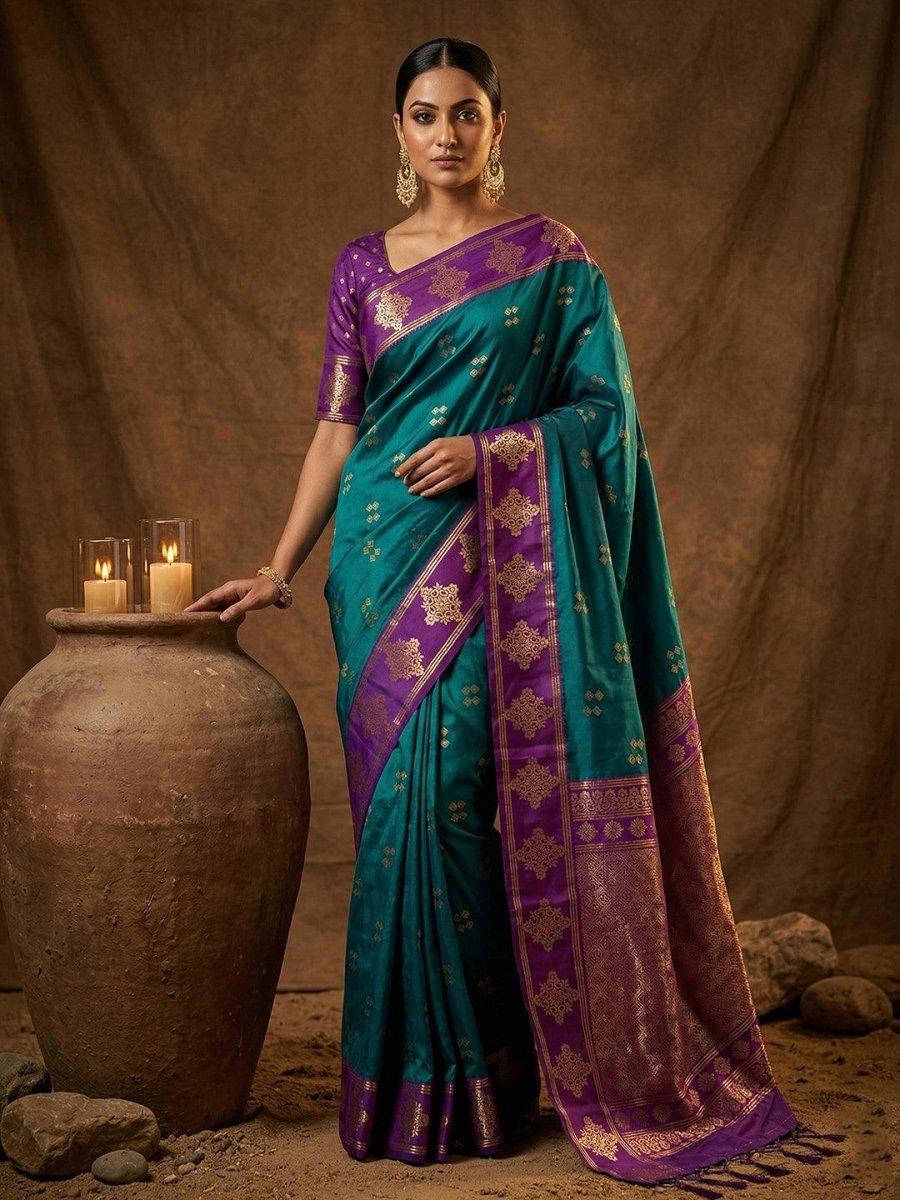 Teal Silk Blend Handloom Saree | EZB SI04 SUMER1002 - EZBER