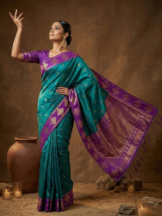 Teal Silk Blend Handloom Saree | EZB SI04 SUMER1002 - EZBER