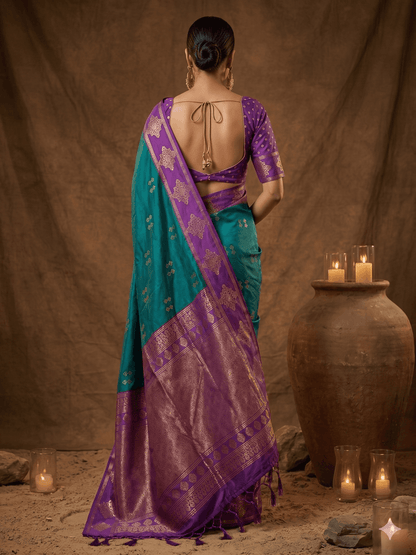 Teal Silk Blend Handloom Saree | EZB SI04 SUMER1002 - EZBER