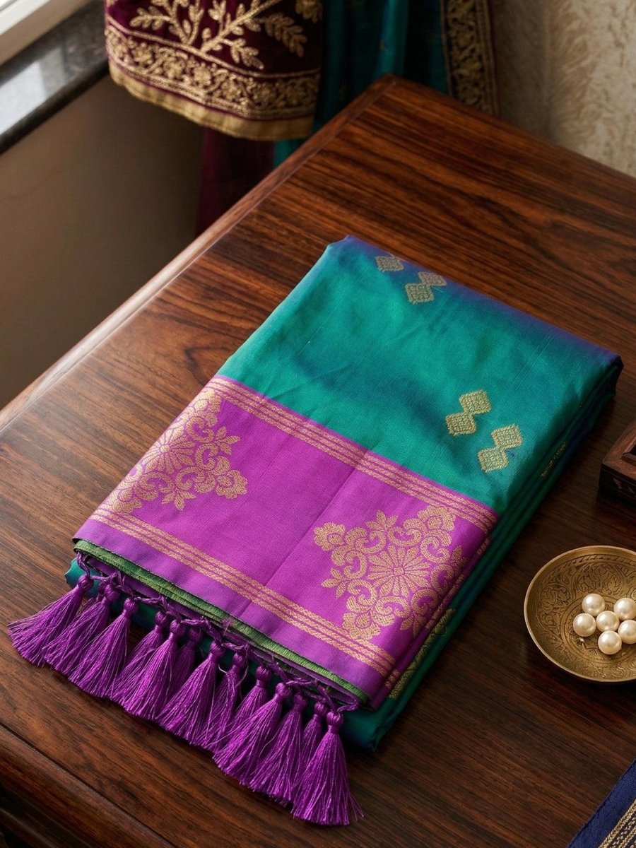 Teal Silk Blend Handloom Saree | EZB SI04 SUMER1002 - EZBER