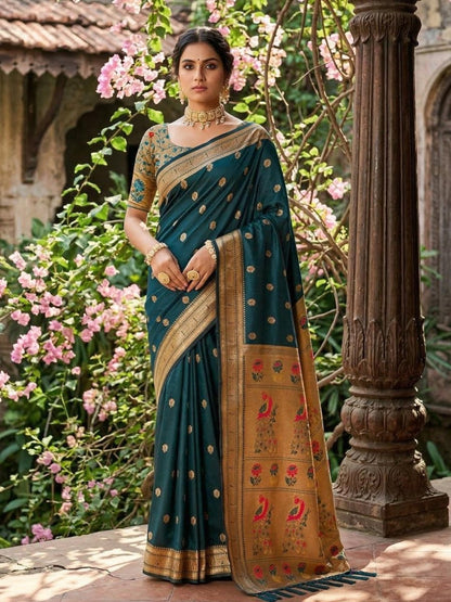 Teal Silk Blend Handloom Saree | EZB SI04 SUPAR1007 - EZBER