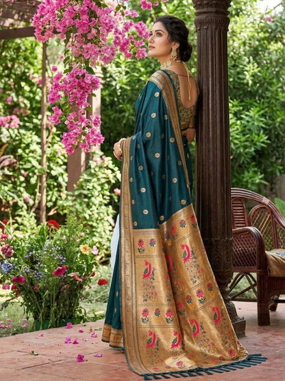 Teal Silk Blend Handloom Saree | EZB SI04 SUPAR1007 - EZBER